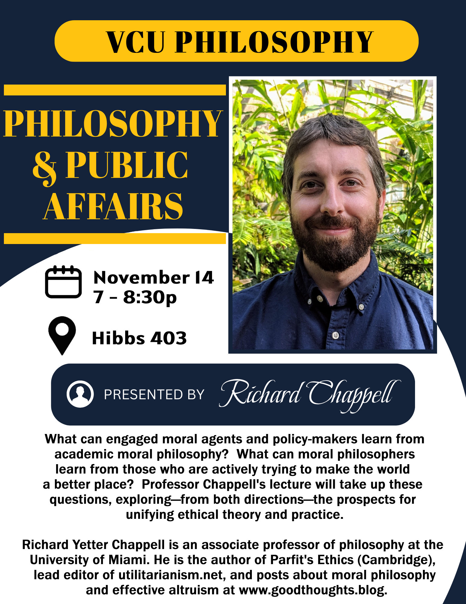 A flyer for the 2024 Philosophy and Public Affairs Lecture, hosted by Richard Chappell