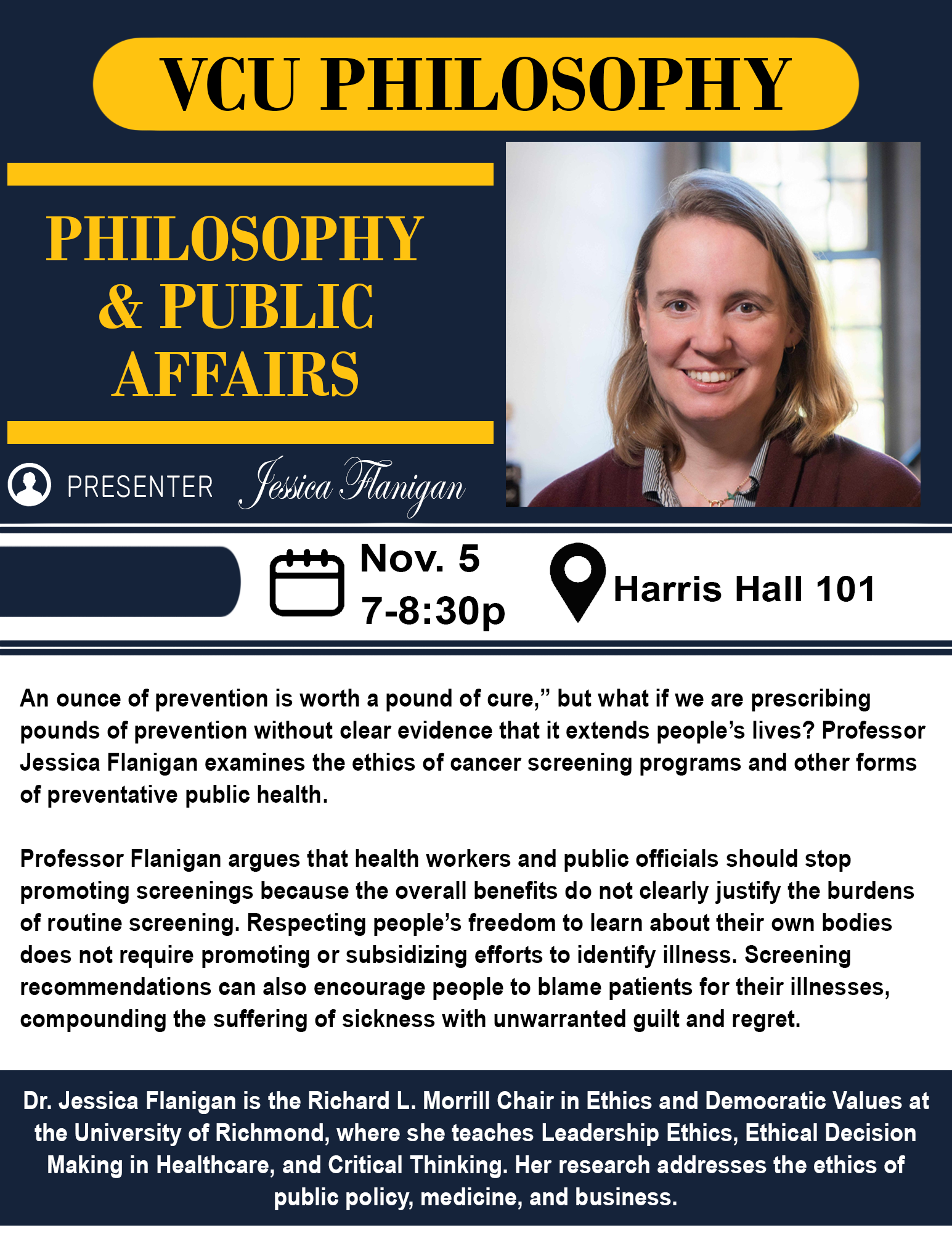 Flyer advertising the Fall 2026 PPA lecture, delivered by Jessica Flanigan on why health care providers should not encourage preventative screening.