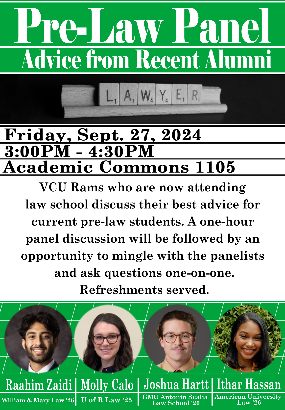 Flyer displaying information regarding the 9/24 Philosophy Pre-Law Panel Event.