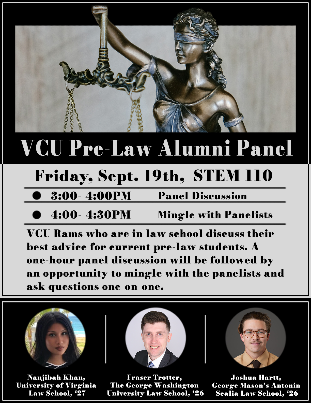 Flyer displaying information regarding the 9/19/25 Philosophy Pre-Law Panel Event.